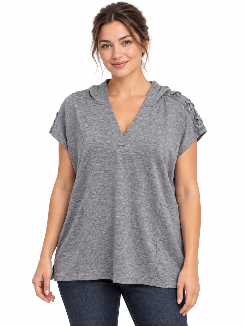 Livi Active Gray Short-Sleeve Hooded V-Neck Top with Lace-Up Shoulders